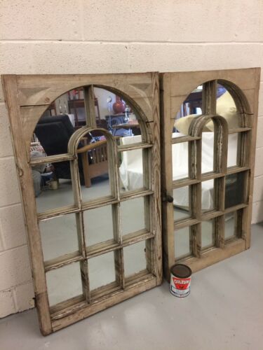 Antique Pair Arched Window Pane Frame Carved Wood Mirror Reclaimed Element Decor