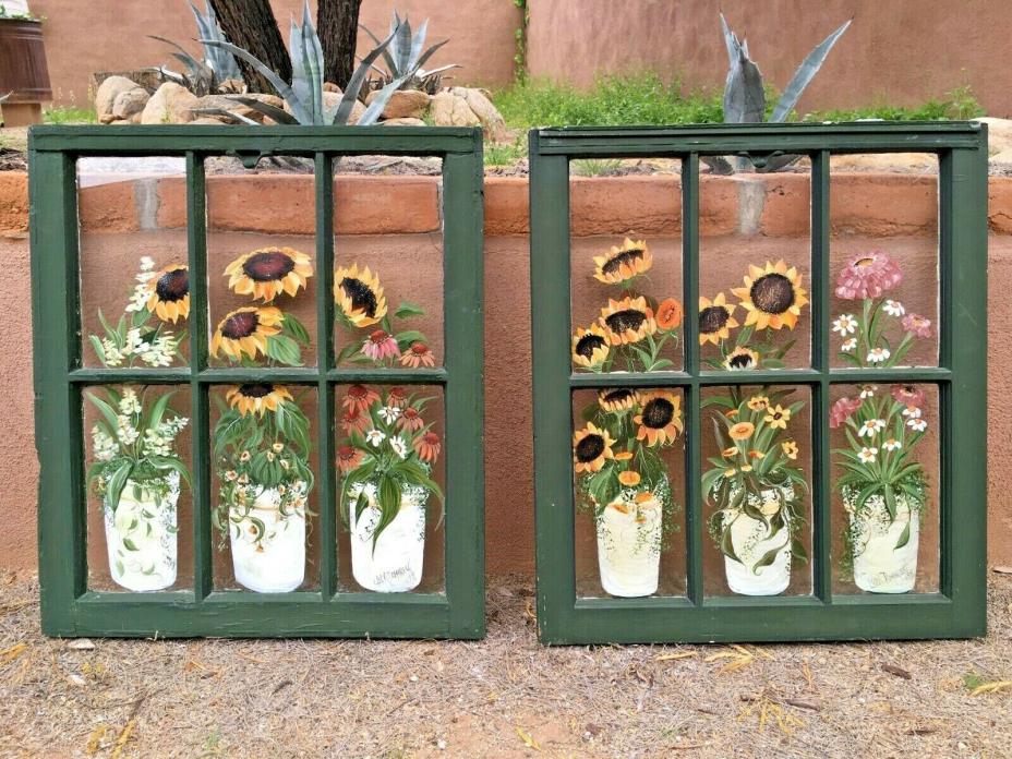 PAIR Antique 6 Pane Glass Windows Frames Painted Sunflowers SIGNED Wood Sashes
