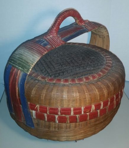 1900's Antique Chinese Pine Needle Basket Lunch  Food Red Bamboo Handle xl 16