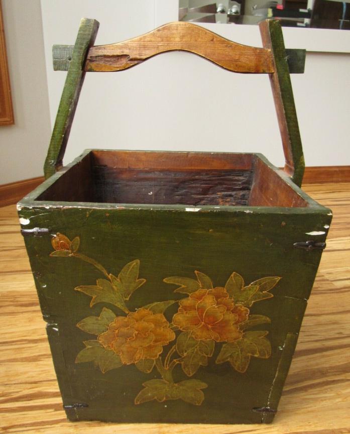 Large Vintage Antique Asian Chinese Hand Paintd Wood Rice Grain Bucket Basket