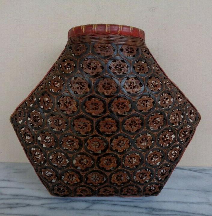 Antique Asian Hanging Pierced Hexagon Shape Star Design Wicker Basket