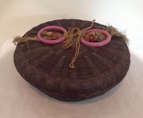 Vintage Antique Chinese Sewing Basket w/ Glass Ring Handles Beads Tassels 9.25