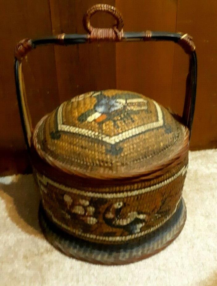 ANTIQUE CHINESE WEDDING BASKET, DOME LID w HANDLE WICKER BAMBOO 15” X 11