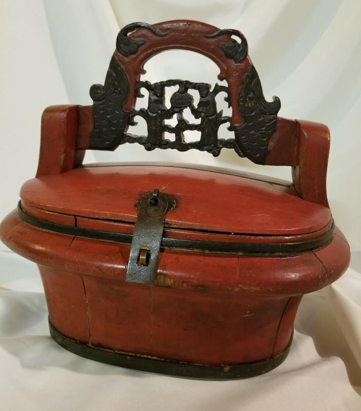 Antique Red Laquer Chinese Wedding Basket, Wood with Decorative Black Carving
