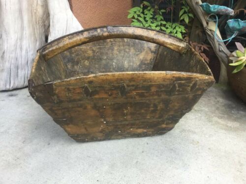 Antique Chinese Wood Rice Or Grain Bucket Basket Metal Dovetail Corners