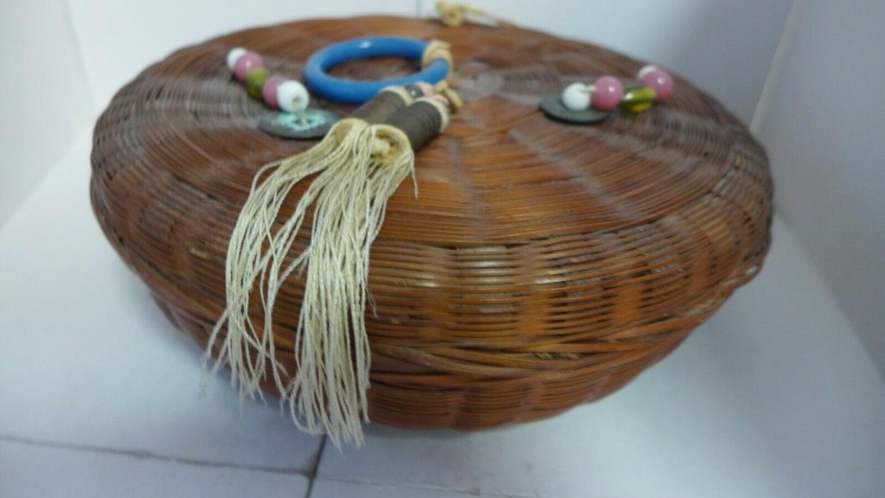 Vtg Victorian Chinese Handwoven Round Sewing Basket Coins,Beads, Tassels Bangle