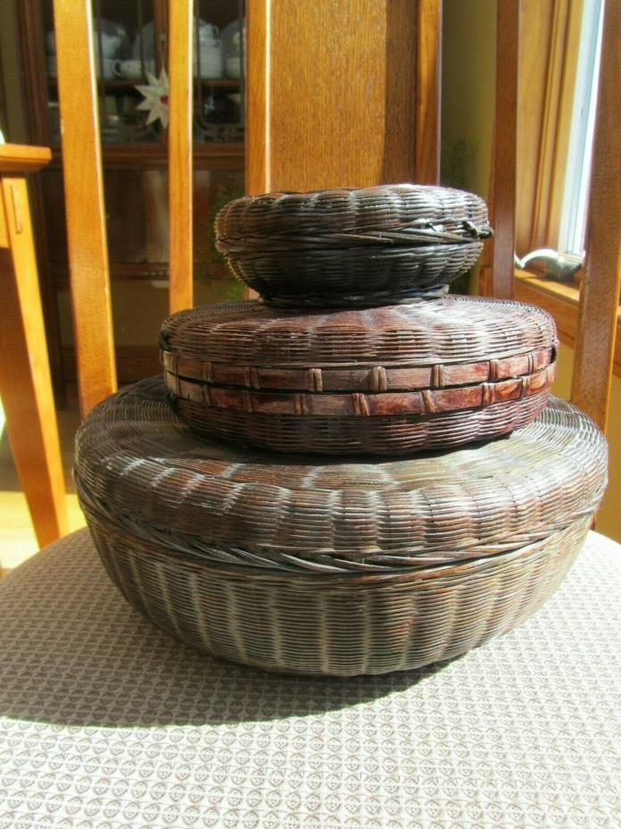 Antique Woven Chinese Sewing Basket w Rings 10 Coins Glass Beads Tassels 1920s