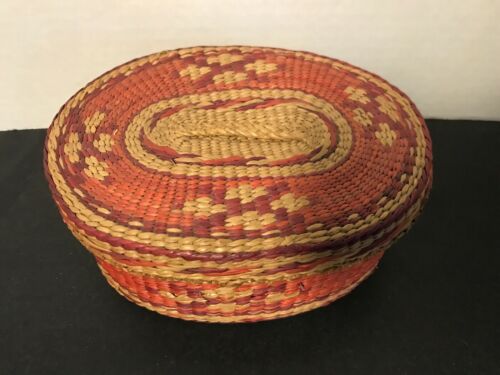 Vintage Chinese Woven Wicker Basket with Lid Oval Great Colors