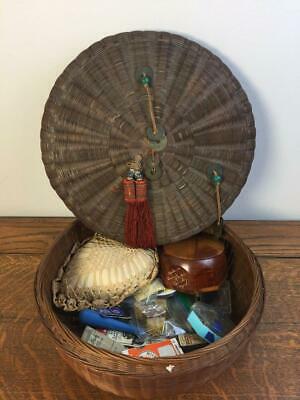Vintage Chinese Wicker Sewing Basket Tassels Beads Coins Needles Pin Cushion