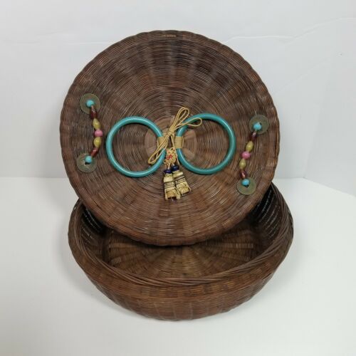 Antique Vintage Woven Round Basket Lid Sewing Basket Tassel Beaded Primative
