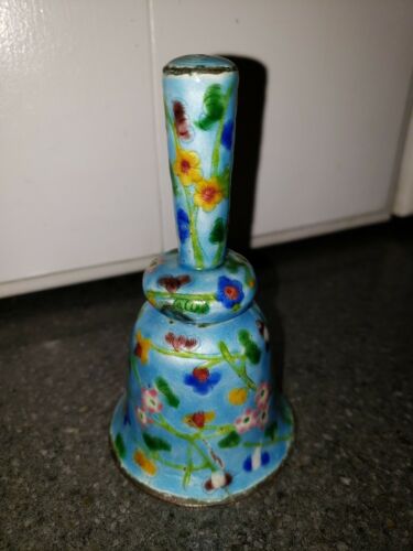 Antique Vintage Small Chinese Blue, Floral Enameled Bell Glass Clapper Signed
