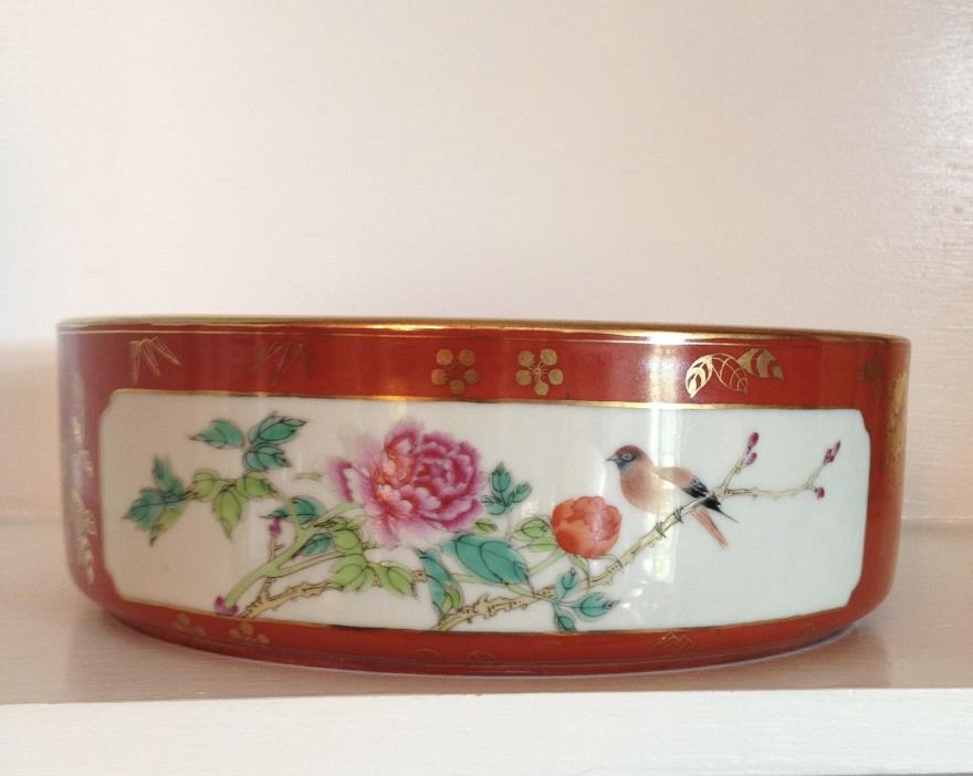Large Vintage Chinese Red Orange GILT Porcelain Bowl ~Marked ~Flowers & Birds