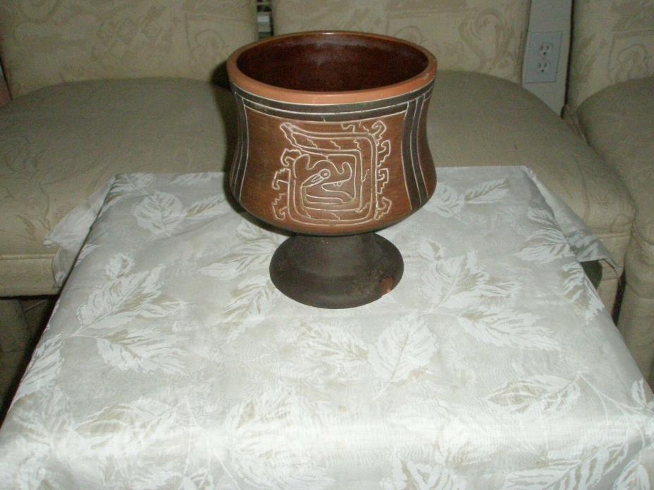 Vintage Chinese Red Clay Black Trim White Inscribed 3 Panel Dragon Footed Bowl