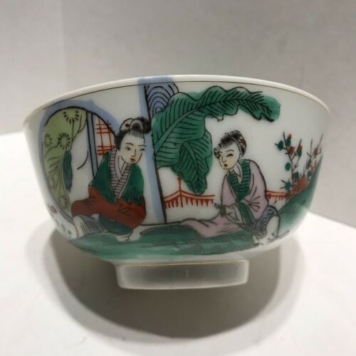 Vintage Chinese Mark Porcelain Rice Bowl Hand Painted Figural Ladies & Signed