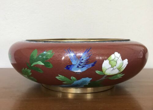 Antique Chinese Cloisonné Red Enamel Bird Flowers Bowl Planter Large 13”