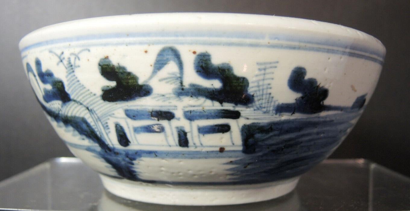 Antique Chinese Heavy Cantonese Ware Bowl With Landscape and Fisherman