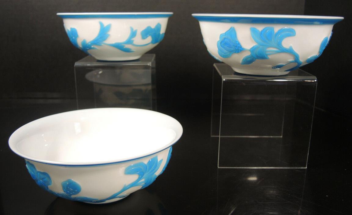 Three Vintage Chinese Blue Overlay Peking Glass Bowls - Flowers & Birds