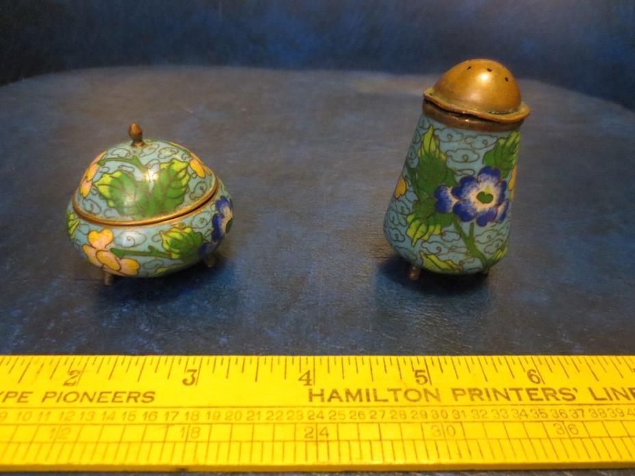 Vintage Chinese Cloisonne Blue Enamel Open Salt & Pepper Shaker Set