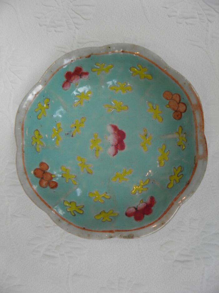 Antique Chinese Round Floral With Aqua Interior Porcelain Footed Bowl Plate