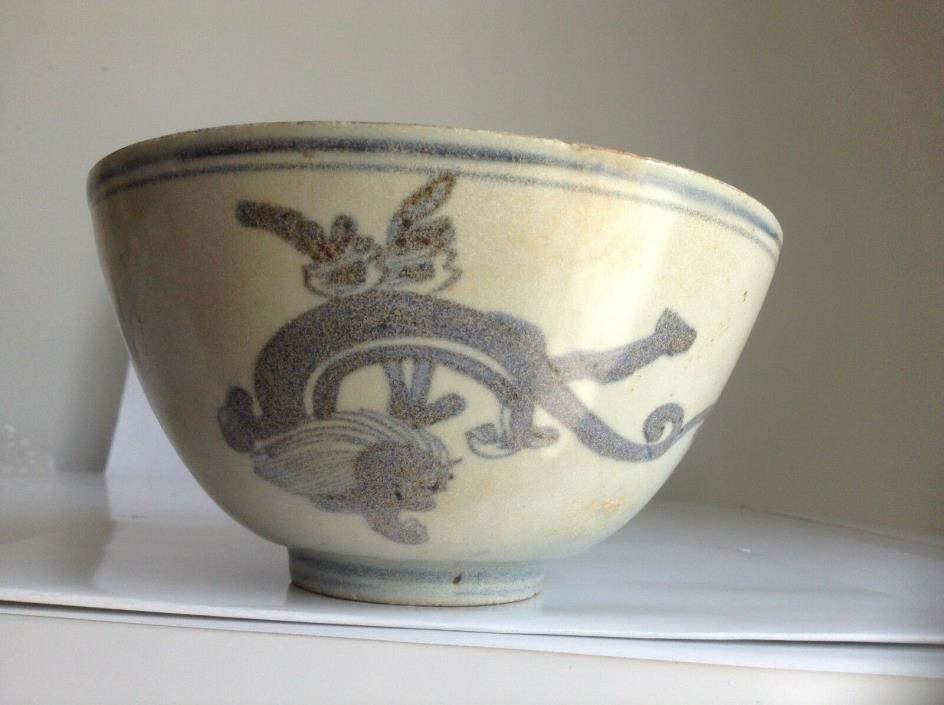 Chinese Antique Blue And White Bowl With Hand Paint Dragon