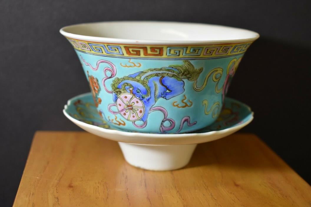 CHINESE TURQUOISE GROUND FAMILLE ROSE BOWL WITH UNDER PLATE GUANGXU MARK