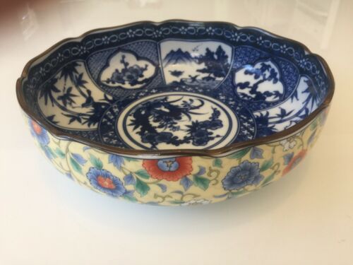 Vintage Chinese Large Heavy Floral Porcelain Serving Decorative Bowl Dish 9 3/4