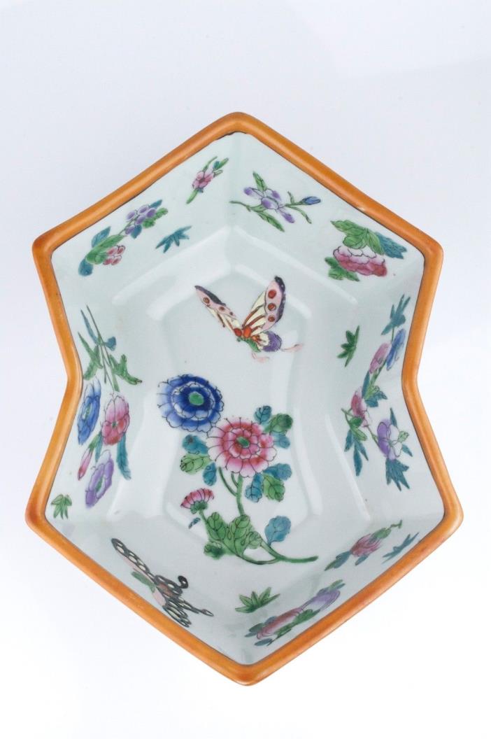 Beautiful & Uniquely Shaped Chinese Bowl, Hand Painted Butterflies and Flowers