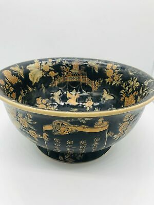 Old Chinese Bowl, Black Painted , Figures on Boat 10 x 5 Wide