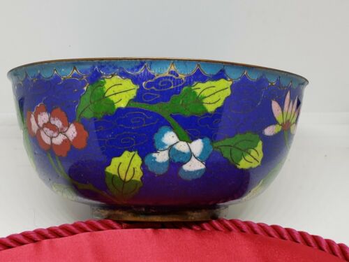 Antique Cloisonne Bowl Blue Floral 4.5 Inches