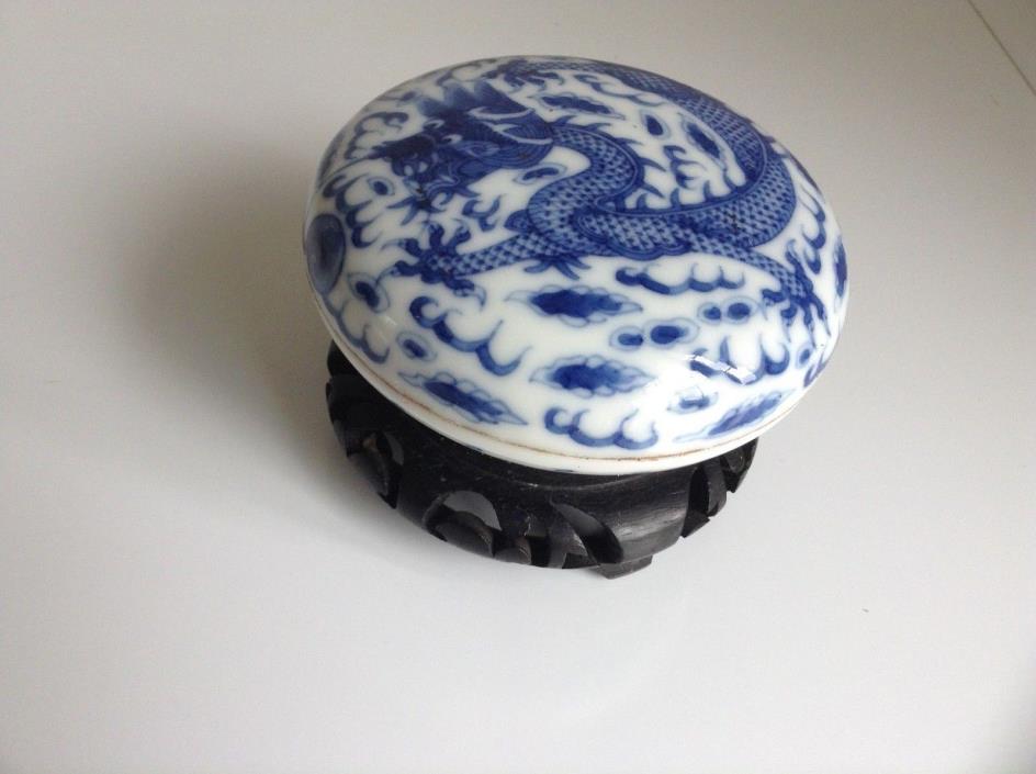Chinese Blue and white Porcelain Dragon ink Box/Cover seal ,red ink and stand