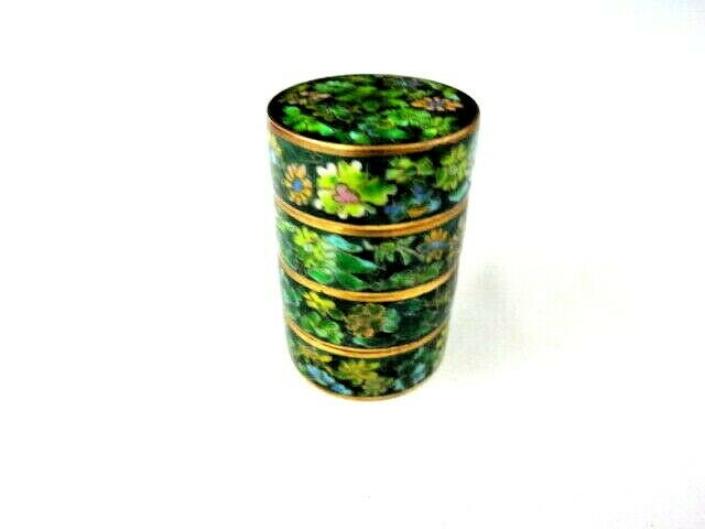 VTG Chinese Green Cloisonne Enamel Brass Floral 4 Round Stack Trinket Boxes