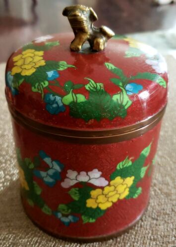 19TH C ANTIQUE COPPER CHINESE CLOISONNE HUMIDOR WITH SOLID BRASS FOO DOG FINIAL