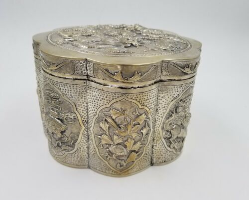 VTG Chinese Vietnamese Calendar Art Deco Demitasse Silver Plate Box Dragons