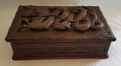 Chinese carved hard wood vintage Victorian oriental antique dragon box