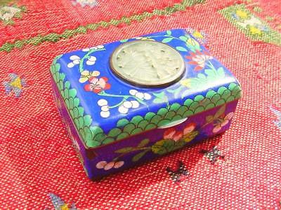 Antique Pre-WWI Shanghai Enamel & Brass Cigarette Trinket Box w/ Jade Medallion