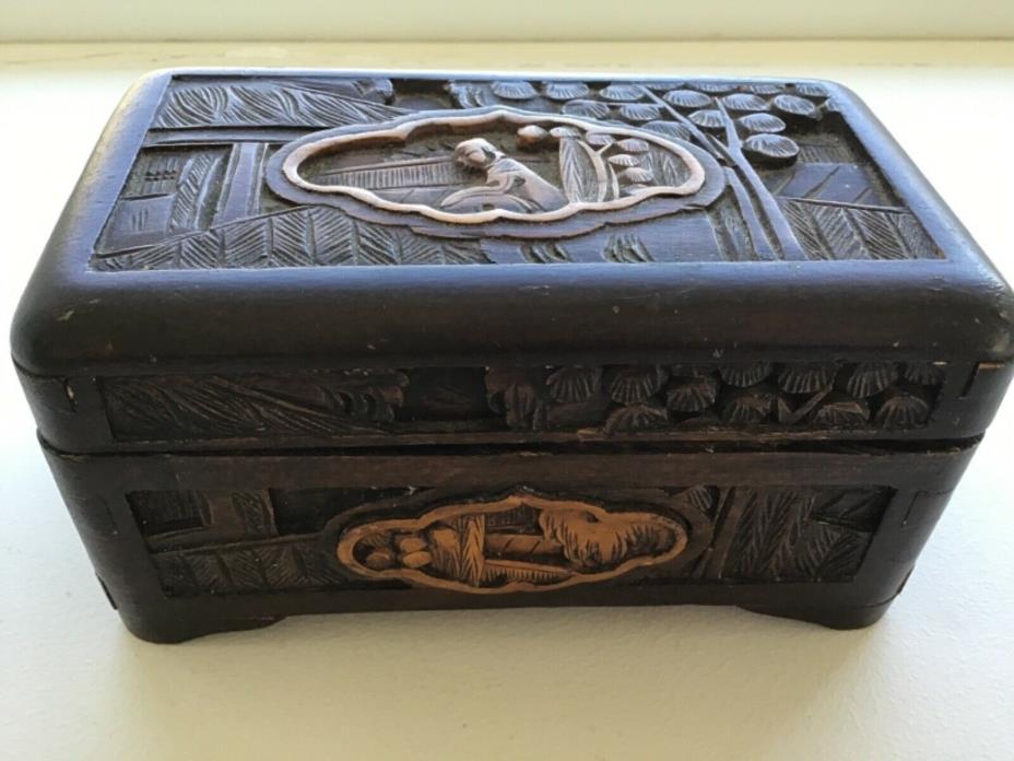 Antique High Relief Deep Hand Carved Chinese Asian Camphor Wood Wooden Box Chest