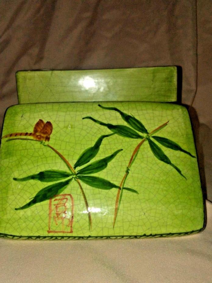 Vintage Asian Hand Painted Porcelain Box Trinket Box Green With Dragonfly