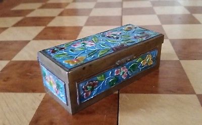 Antique Chinese Copper or Brass Box with Pretty Enamel Flowers 2 Compartments