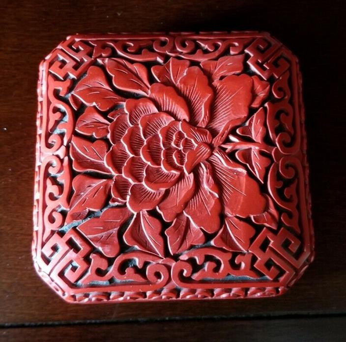 Carved Chinese Chrysanthemum Cinnabar Square Gift Box
