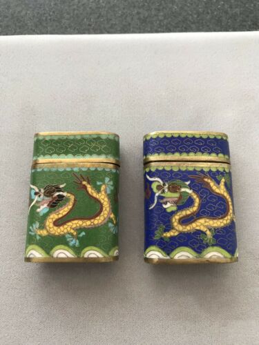 OLD CHINESE BRONZE CLOISONNE Blue And Green ENAMEL SMALL OPIUM CANISTER JAR BOXS