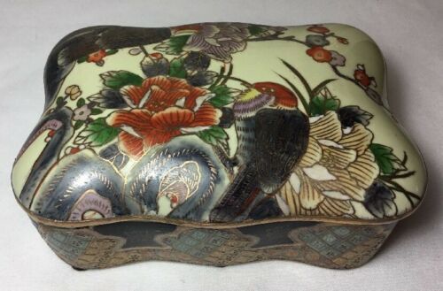Vintage Ceramic Signed Chinese Birds & Floral Design Jewelry Box w/ Gold Trim