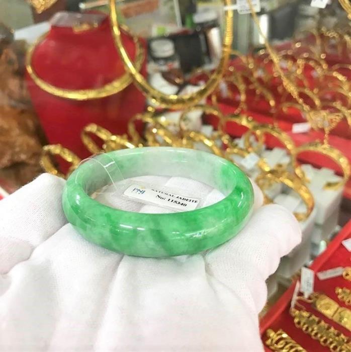 Translucent Natural Green, White Jadeite Jade Bangle Bracelet 54.9MM