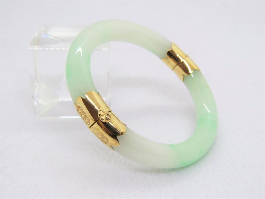 18K Solid Gold Green, White Jadeite Jade Hinged Bangle Bracelet 55MM