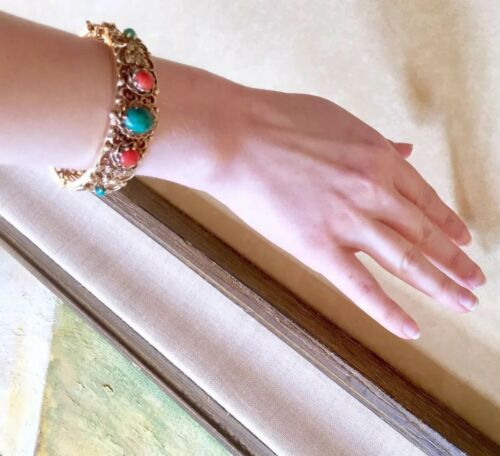 RARE 15k gold Chinese 39g! Art Deco Nouveau turquoise red coral diamond bracelet