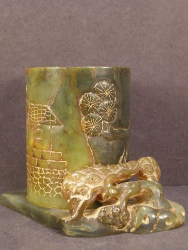Antique Chinese Asian Carved Jade Paint Pencil Brush Pot Holder Bonsai Pen Vase~