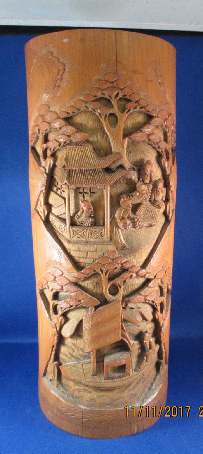 Old Chinese Bamboo Hand Carved Brush Pot High Relief Boat Men - 13 Inches Tall
