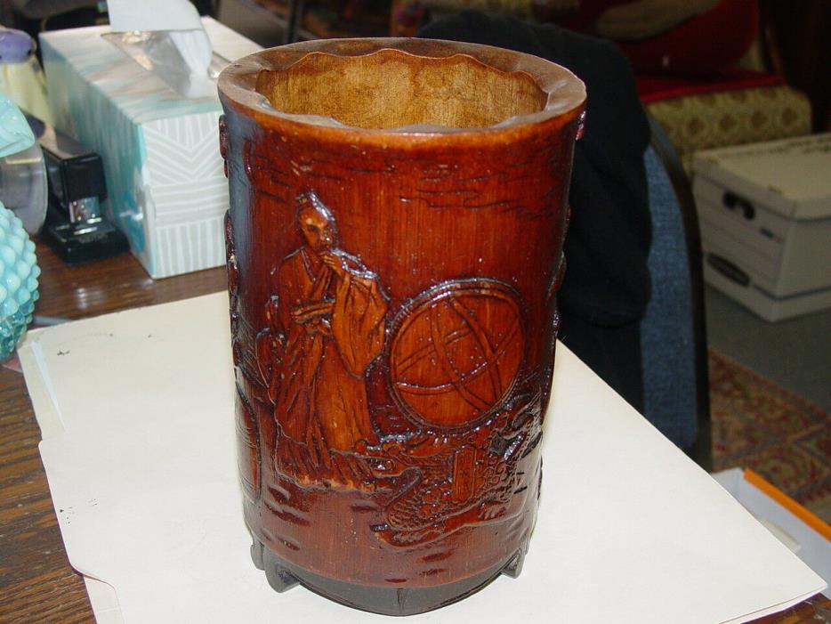 Chinese Exquisite Hand-carved Sage & Globe in Landscape bamboo Brush Pot Footed