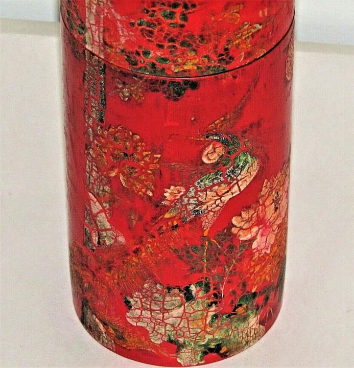 Chinese Carved Red Bamboo Container Hand-Painted Holder/ Signed  / 8.5