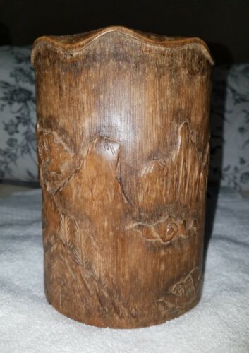 Chinese Qing dynasty bamboo brush pot carved Artwork antique?? ????? ????????