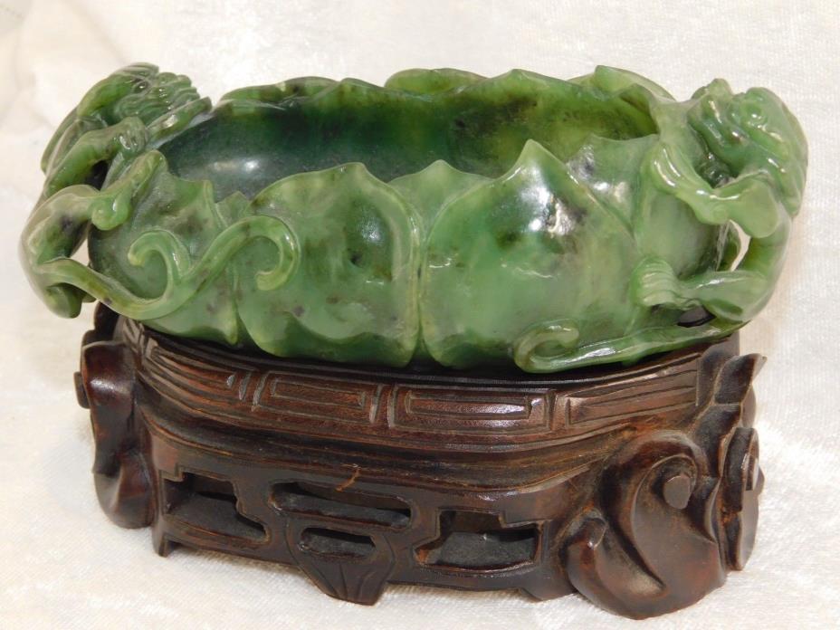 ATQ CHINESE FINE CARVED SPINACH GREEN JADE FOO DOG DRAGONS BRUSH WASHER BOWL 6
